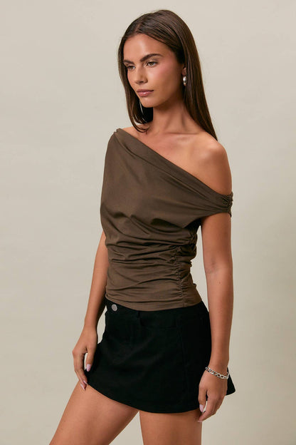 Worthington Off the Shoulder Top with Ruching: Chocolate