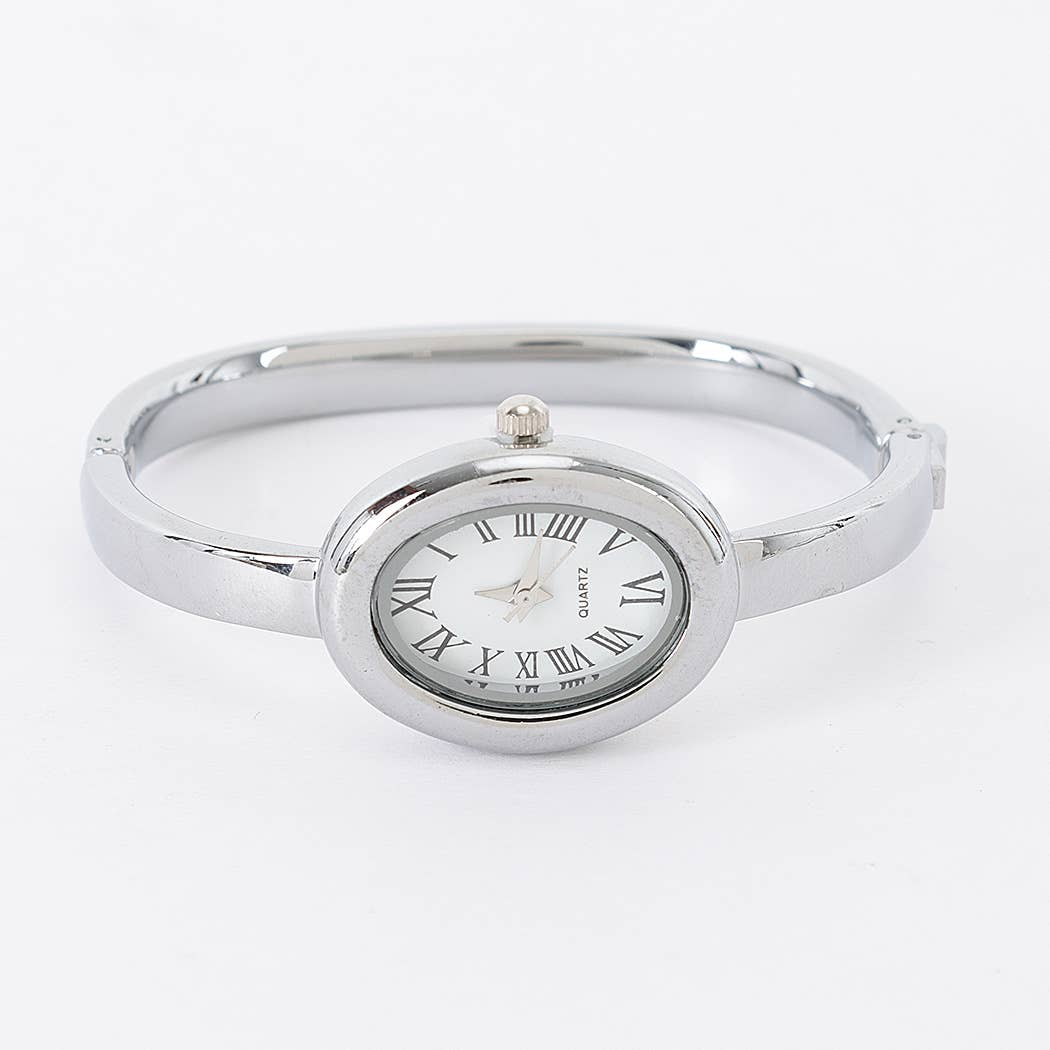 Elowen Oval Roman Numeral Bangle Watch: Silver