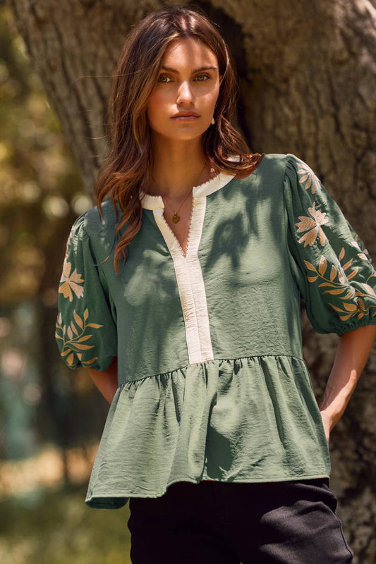 Solid Airflow Peplum Blouse : Basil Green
