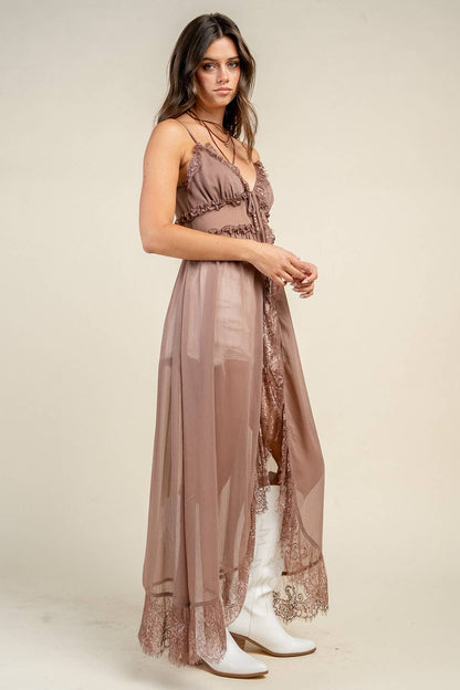 Mesa Maxi Duster Top with Lace: Mushroom