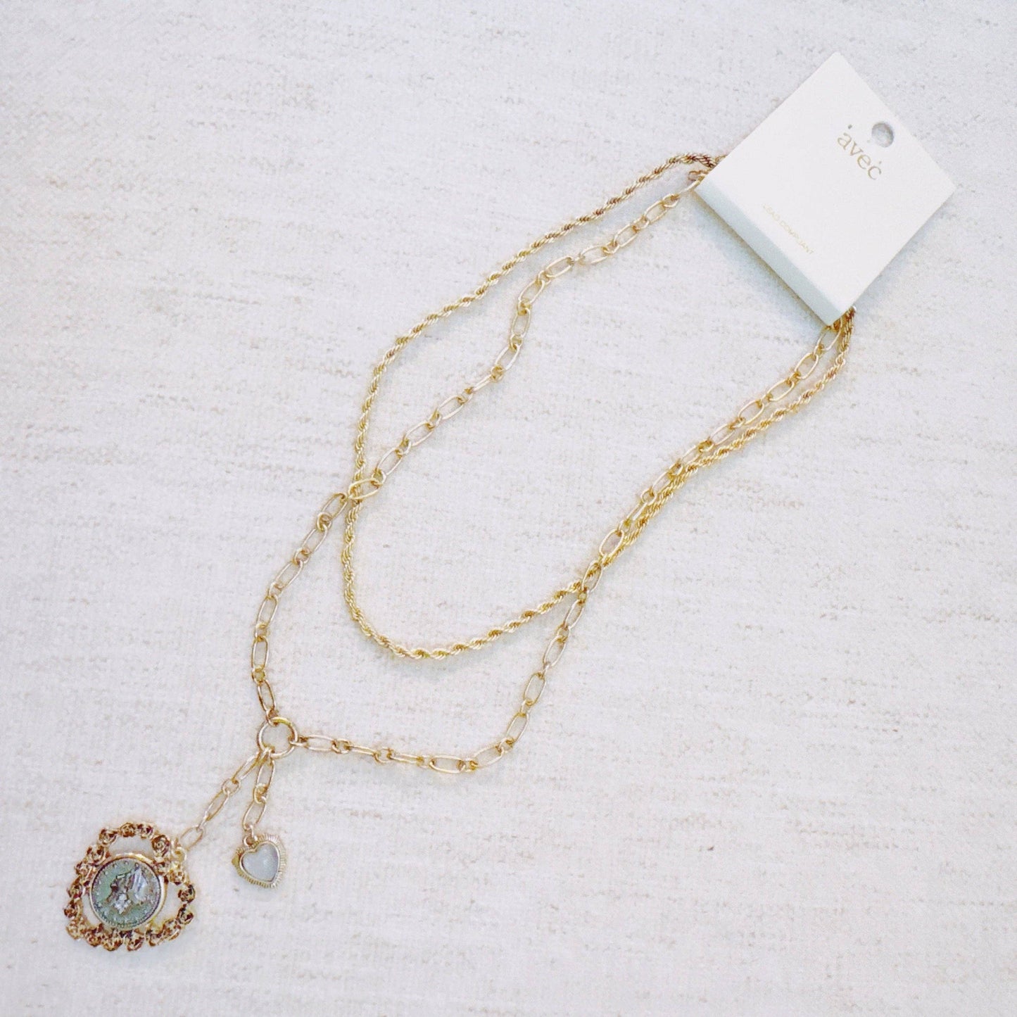 Double Chain Heart Pendant Necklace – Layered Gold Links with Vintage-Style Charm