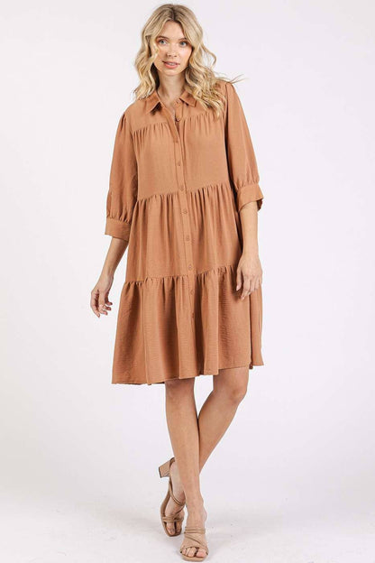 AIRFLOW RUFFLE TIER BUTTONED MINI SHIRT DRESS: SAGE / S-M-L(2-2-2)