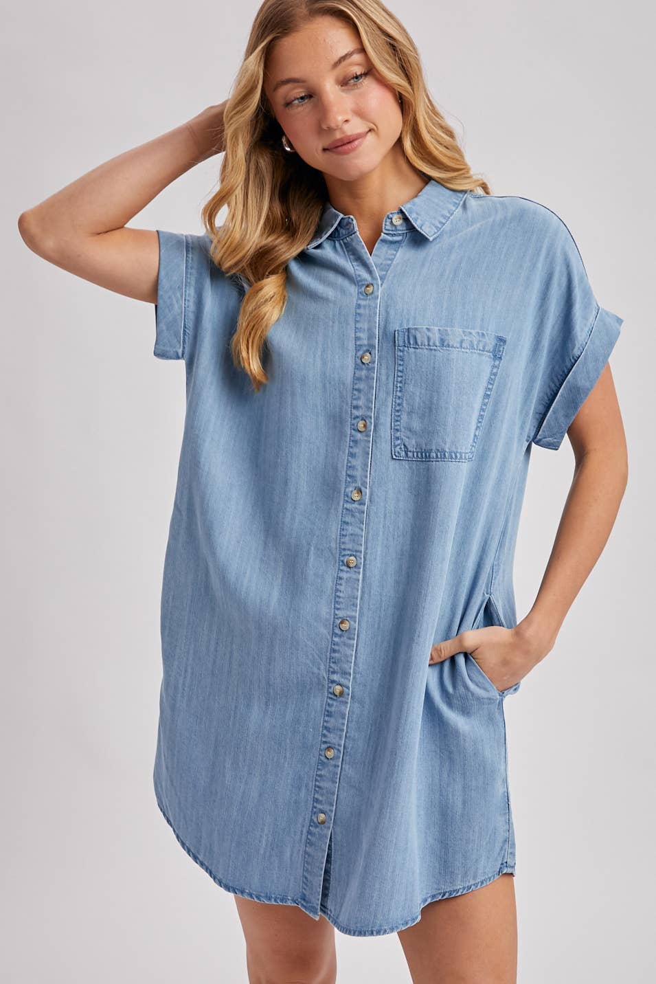 Annie Denim Button Down Shirt Dress: Light Wash