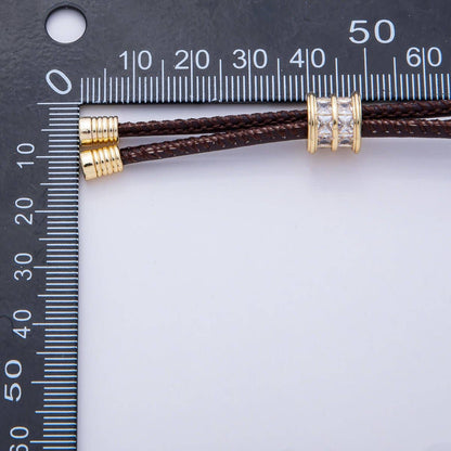 18K Gold Filled 3mm Dark Brown Leather Bolo Chain Baguette CZ Bead 18 Inch Necklace: Brown