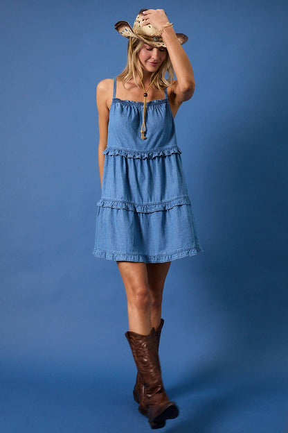 Baylor Sleeveless Ruffle Denim Mini Dress