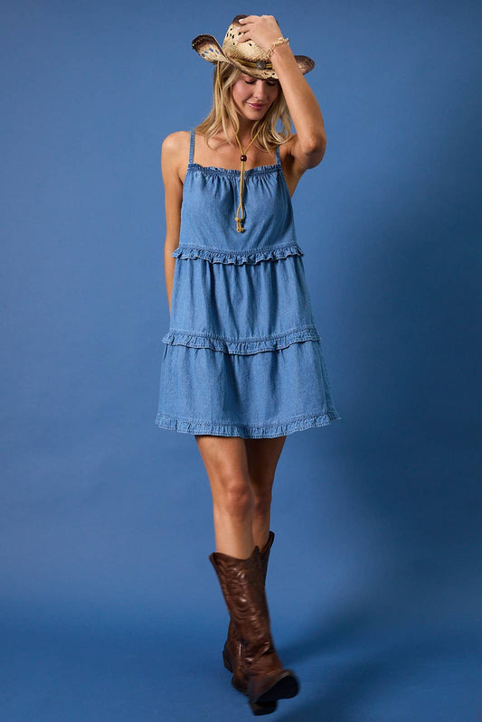 Baylor Sleeveless Ruffle Denim Mini Dress