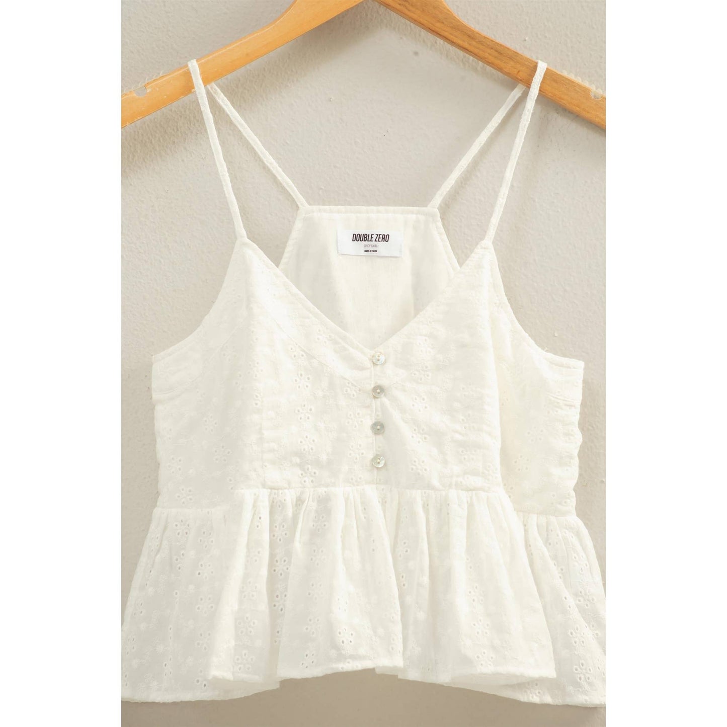 Eyelet Button Detail Peplum Top: WHITE