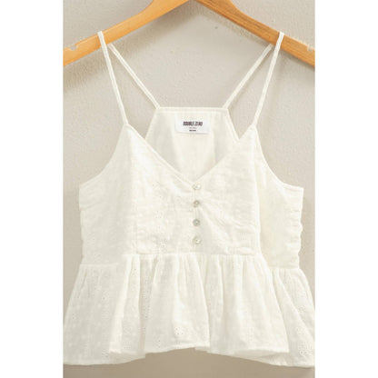 Eyelet Button Detail Peplum Top: WHITE