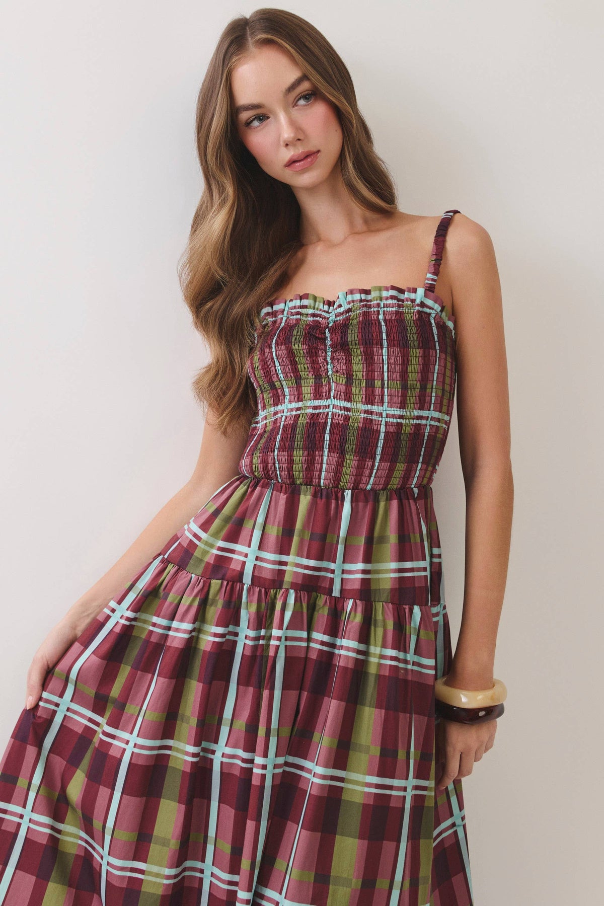Adelia Plaid Smocked Tiered Maxi Dress: Burgundy