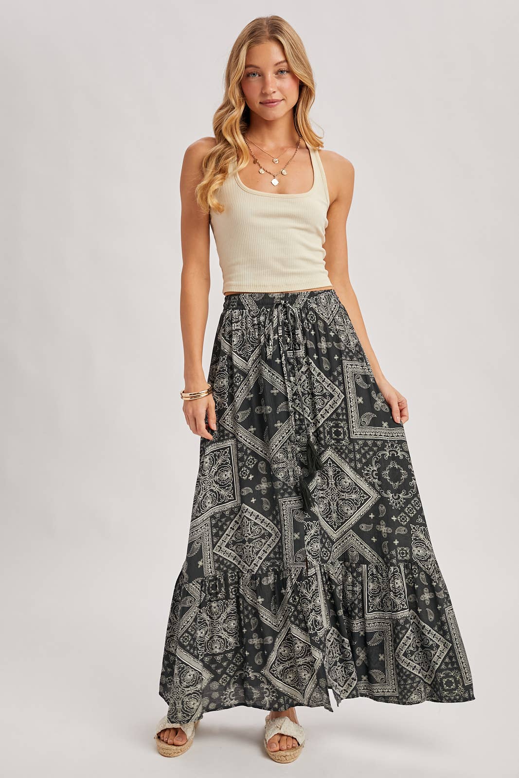 BOHO PRINT TIERED BUTTON DOWN FRONT MAXI SKIRT: ASH