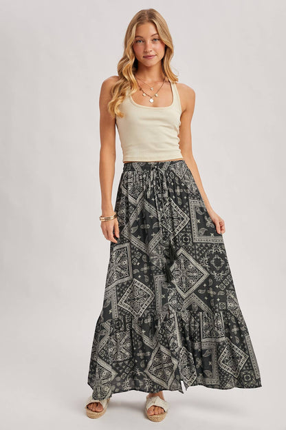 BOHO PRINT TIERED BUTTON DOWN FRONT MAXI SKIRT: ASH