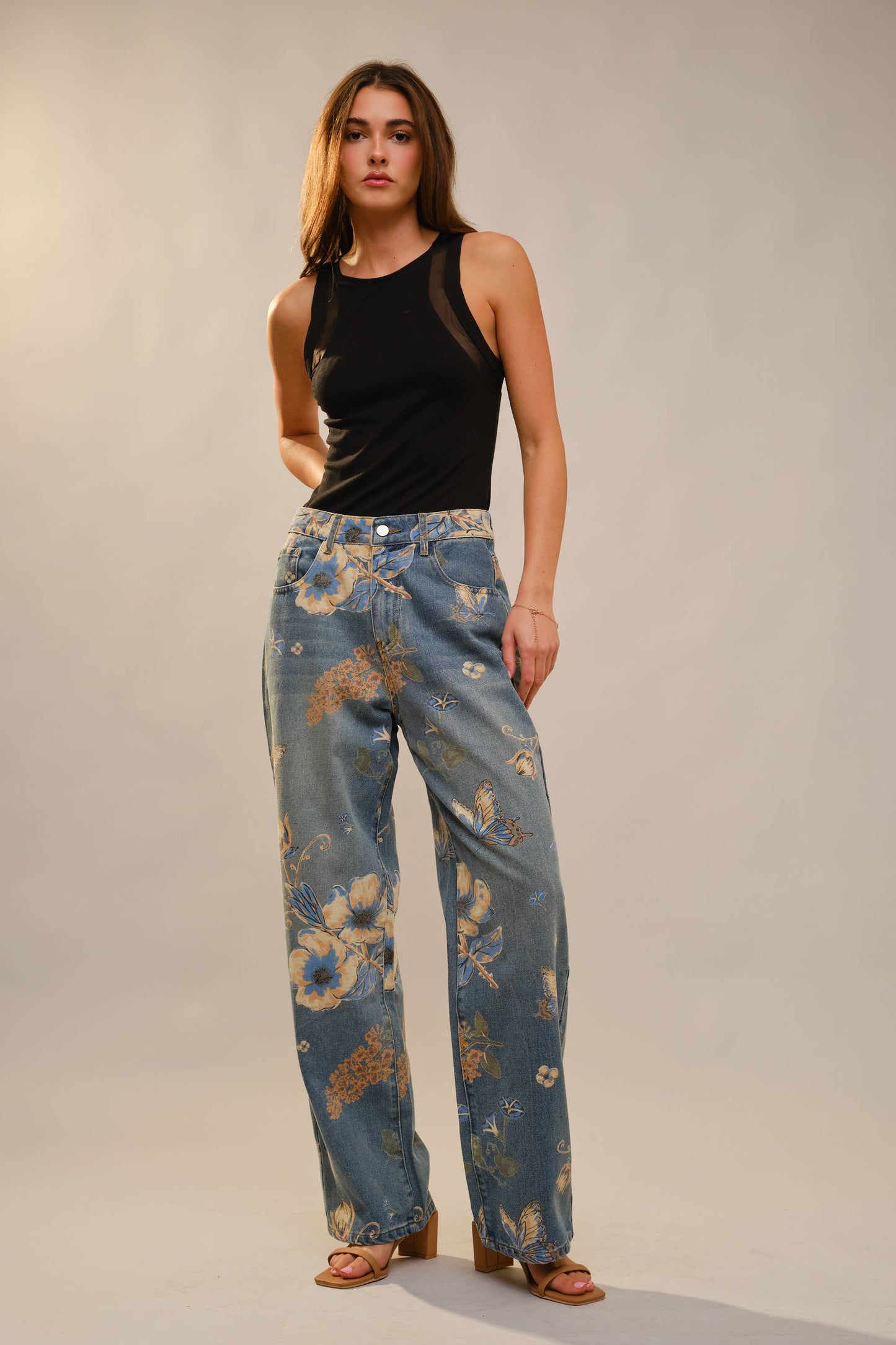 Wildflower Floral Print Wide Leg Jeans: DENIM MULTI