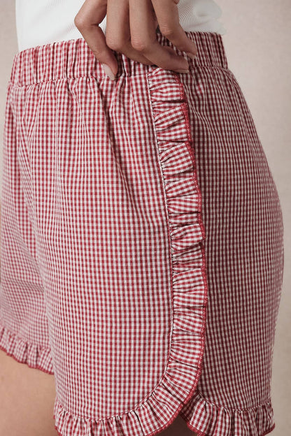 Campbell Ruffle Gingham Dolphin Shorts: Red-White