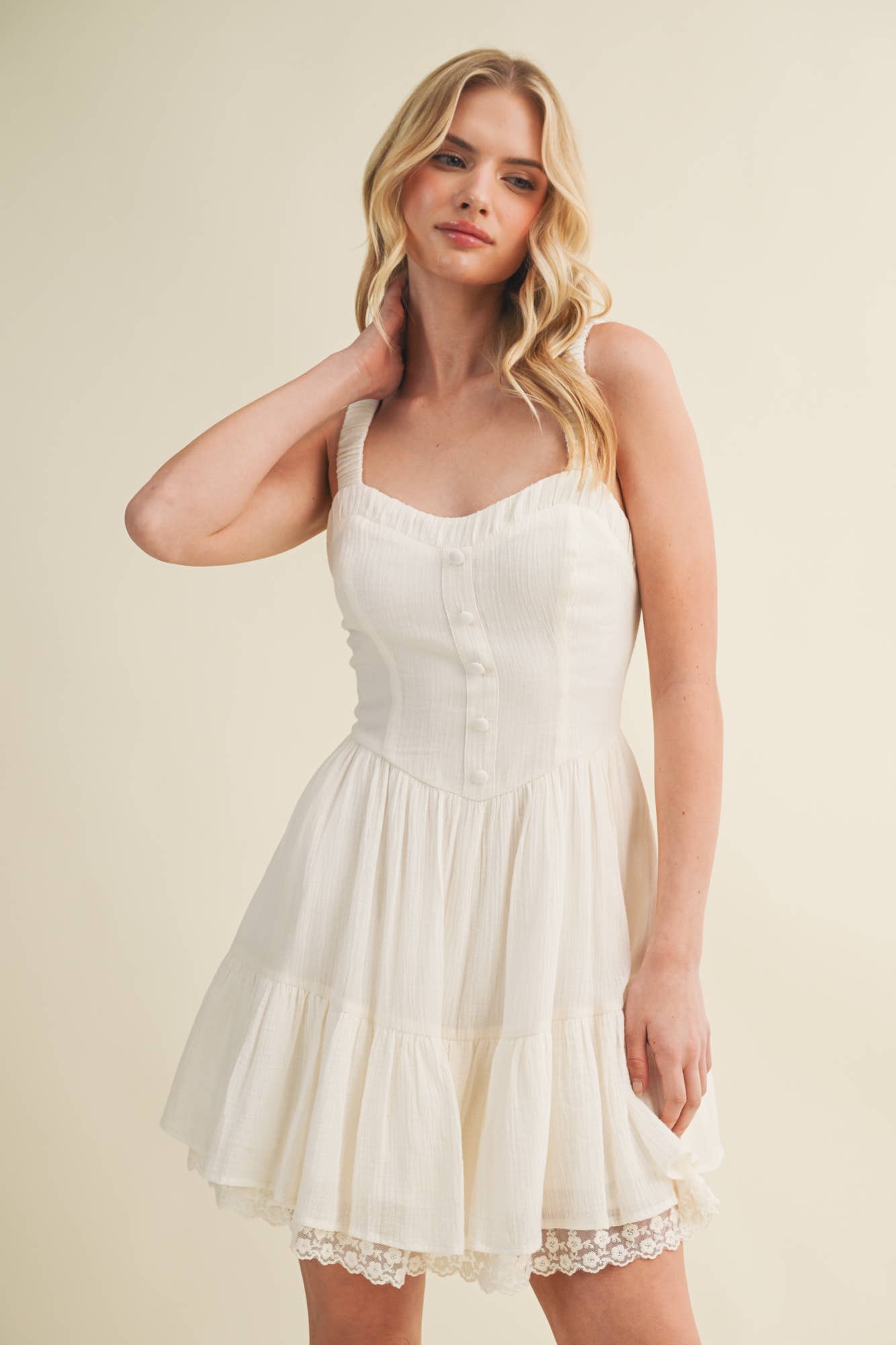 Button Corset Tiered Lace Hem Dress
: VANILLA