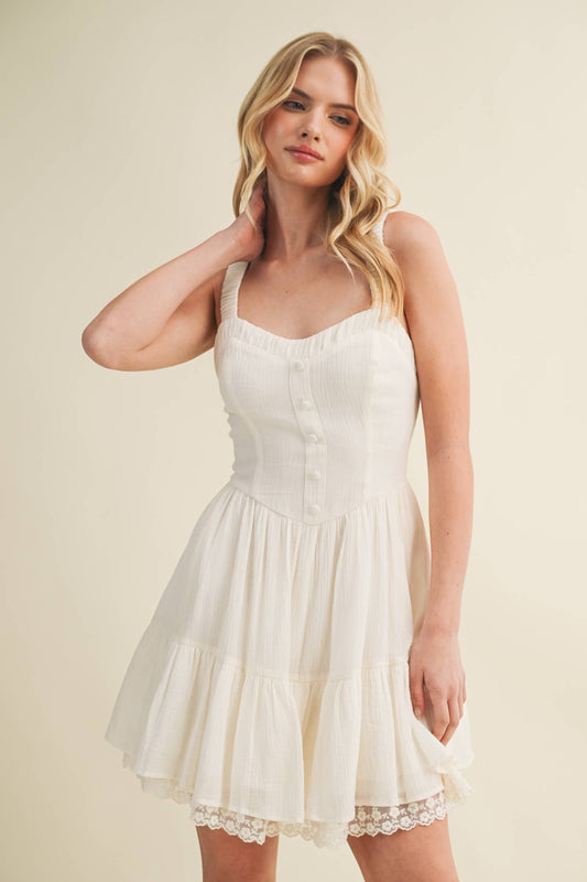 Dove Button Corset Tiered Lace Hem Dress
: VANILLA