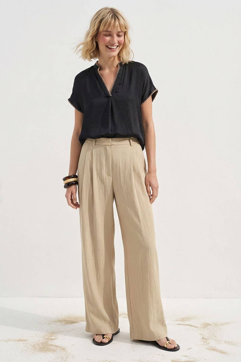 Whipstitch Drop Shoulder Regular Blouse: Black