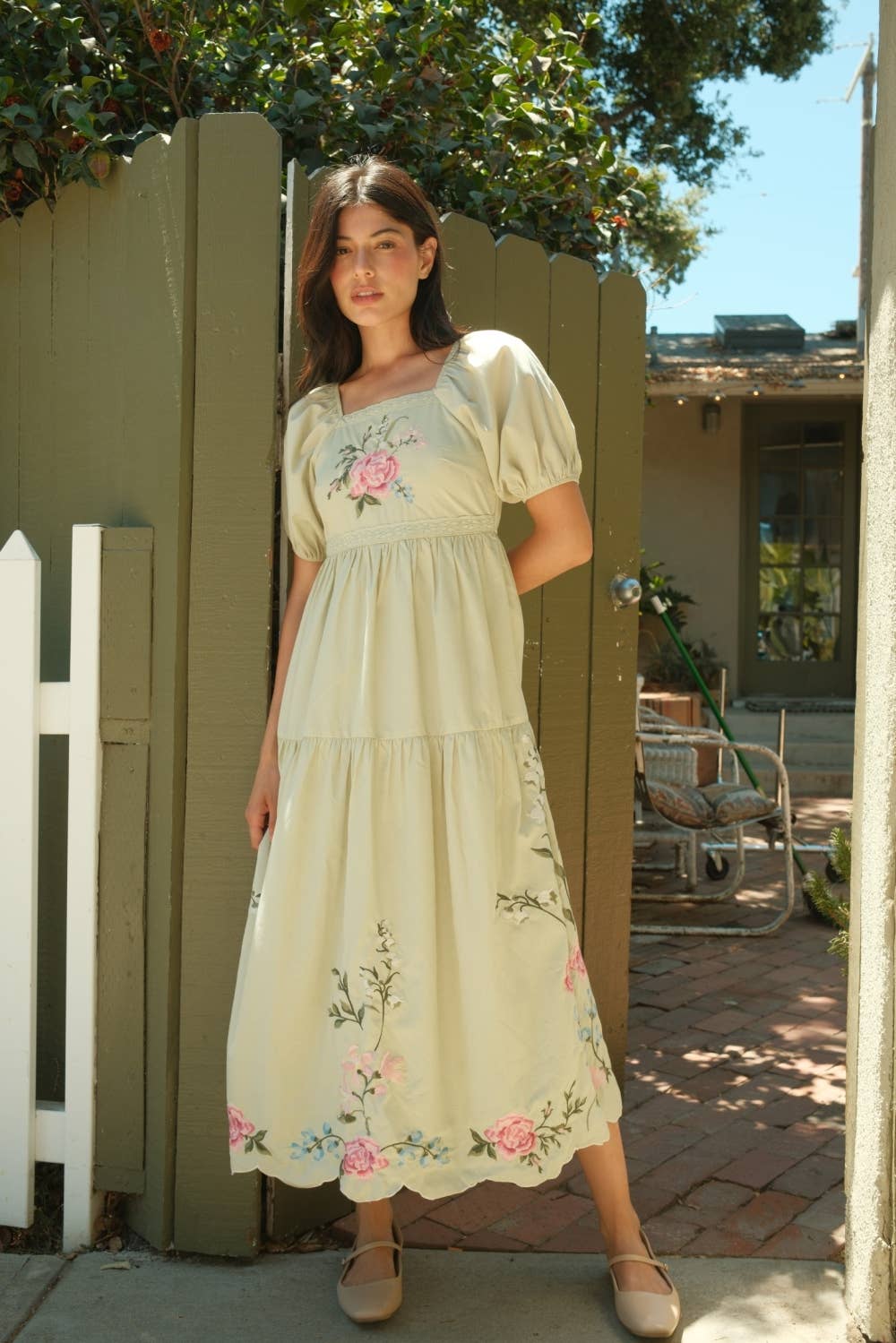 Lily Rose Embroidered Tiered Midi Dress: Sage