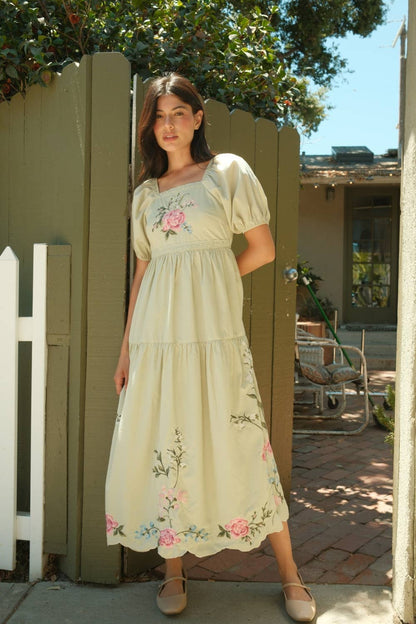 Lily Rose Embroidered Tiered Midi Dress: Sage