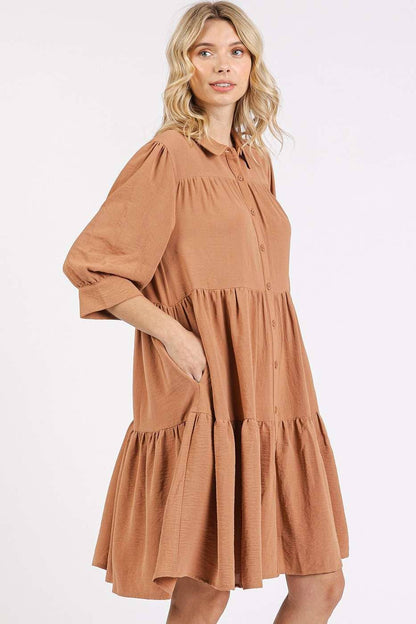AIRFLOW RUFFLE TIER BUTTONED MINI SHIRT DRESS: SAGE / S-M-L(2-2-2)