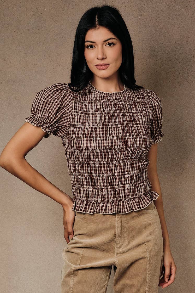 Marielle Smocked Top: Taupe Wine Plaid