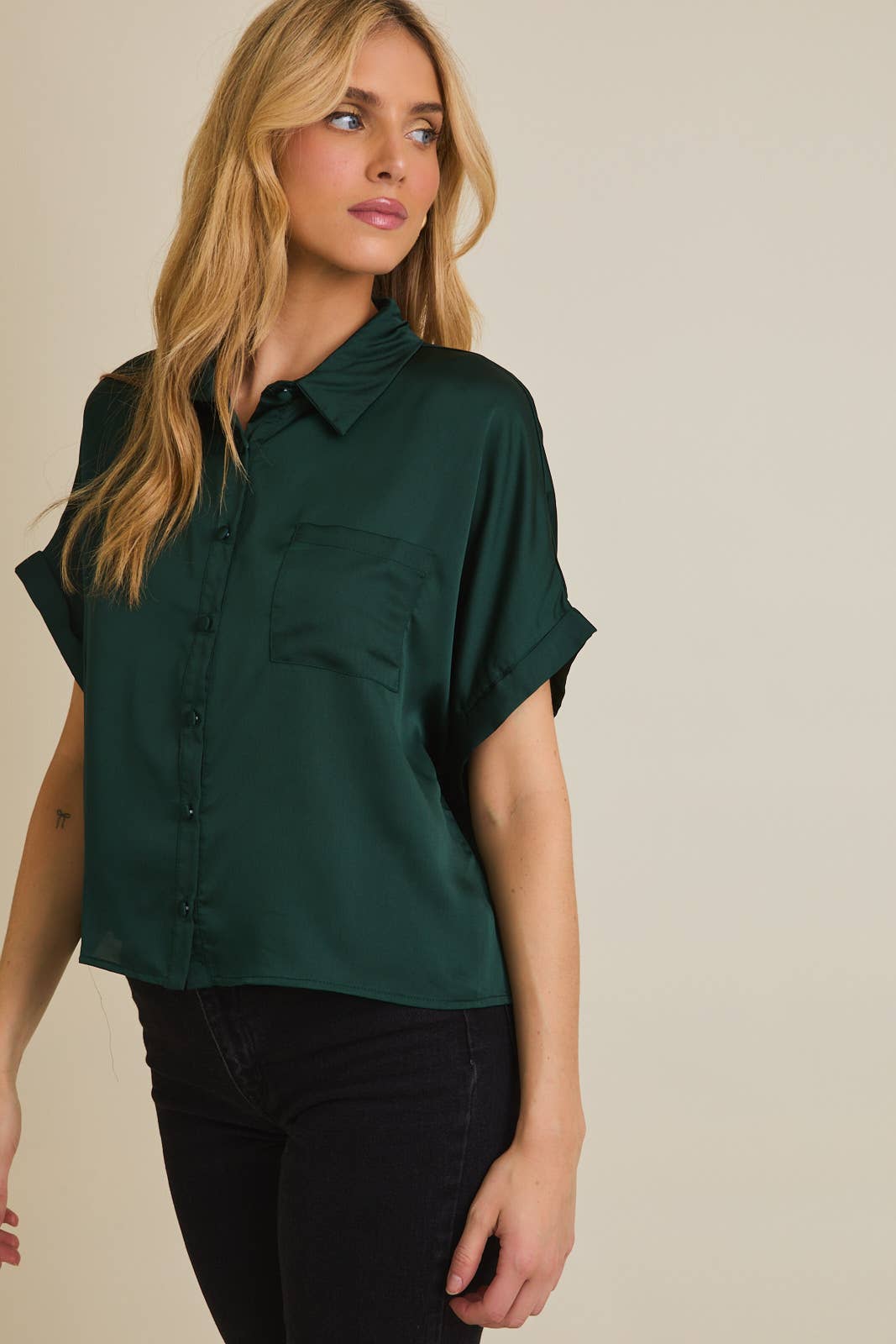 Tallulah Satin Boxy Button Down Blouse: Hunter Green