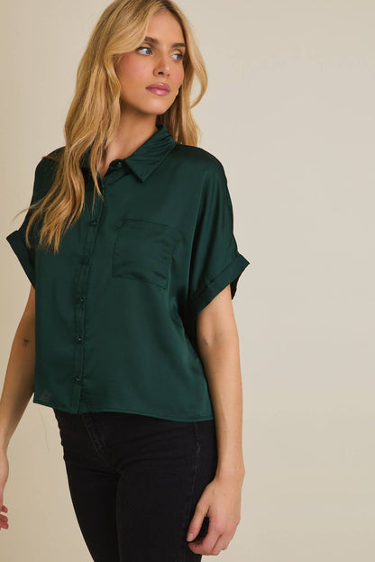 Tallulah Satin Boxy Button Down Blouse: Hunter Green