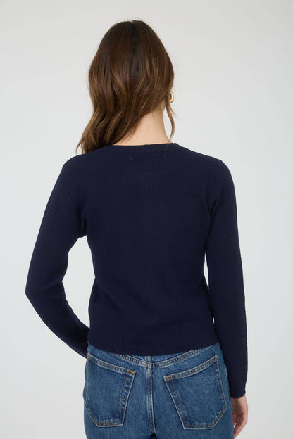 Cecilia Round Neck Button Down Long Sleeve Cardigan: Navy