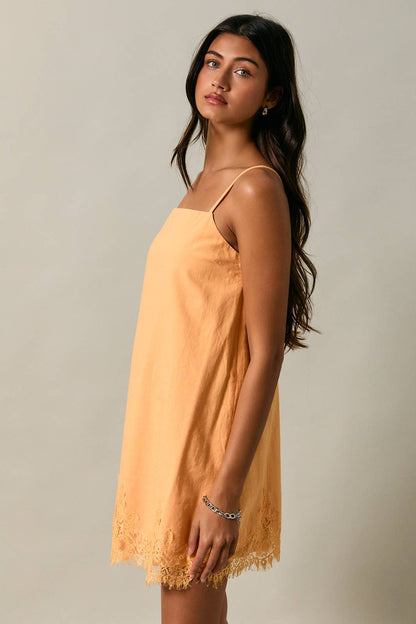 Clementine Lace Trim Spaghetti Shift Mini Dress: Orange