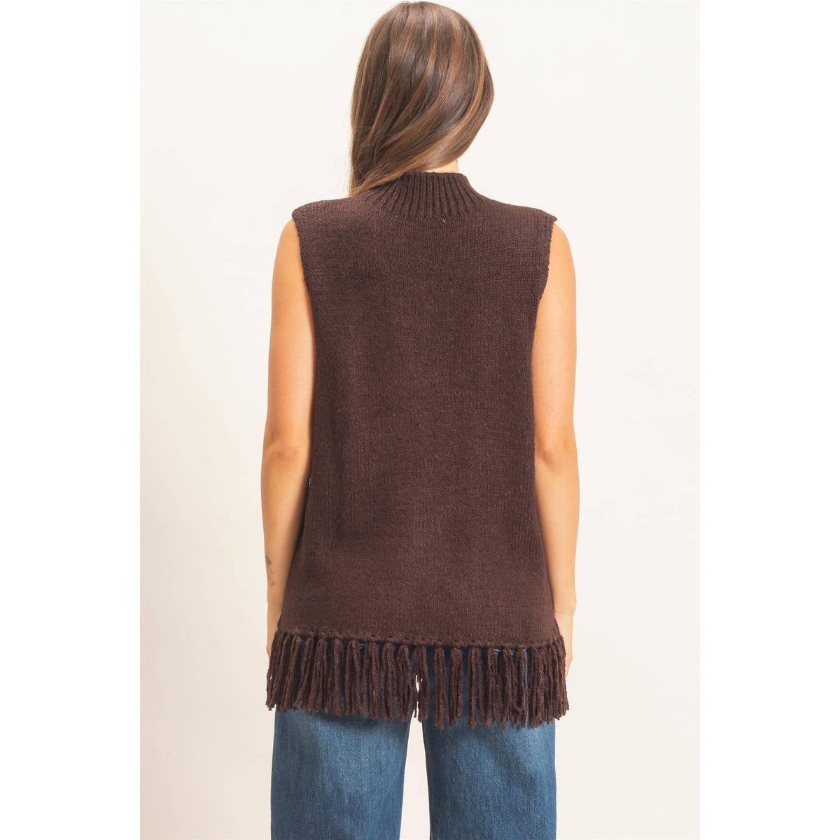Fringe Turtleneck Sweater Vest: BROWN / S-M-L(2-2-2)
