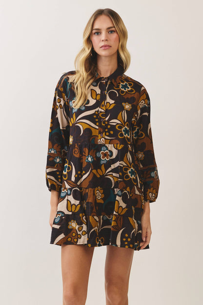 Trudy Retro Floral Tiered Shirt Dress: Multi
