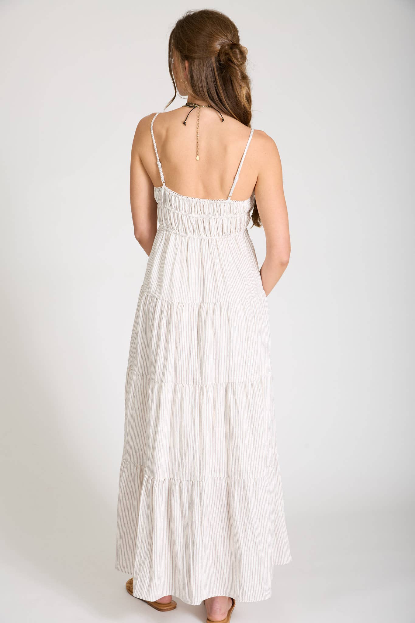 June Stripe Shirred Empire Waist Midi Dress: Mocha