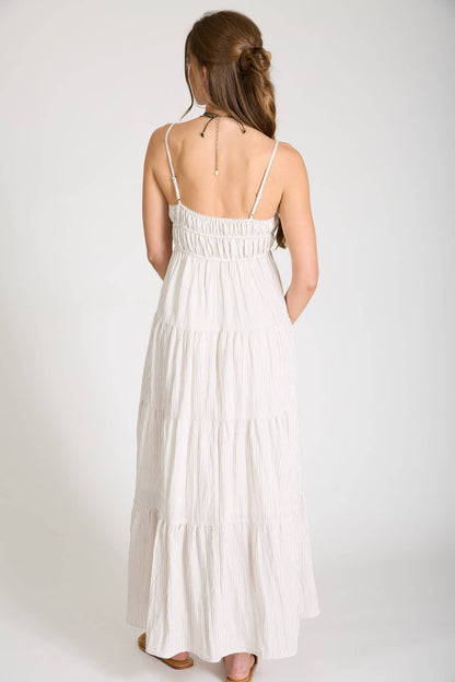 June Stripe Shirred Empire Waist Midi Dress: Mocha