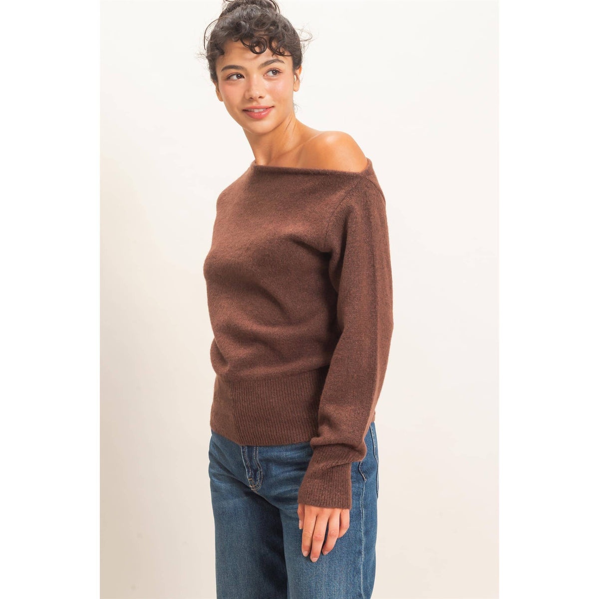 Off The Shoulder Sweater Top: TAUPE / S-M-L(2-2-2)