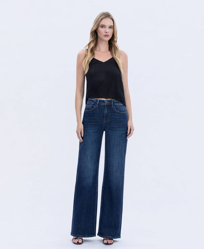 SUPER HIGH RISE FULL LENGTH DARK WASH WIDE JEANS T6937: UPLIFTED JEWEL / 25