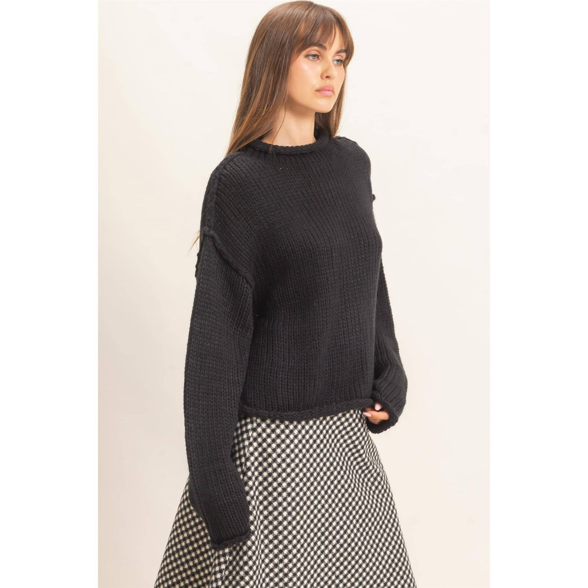 Rolled Collar Loose Knit Sweater: OATMEAL / S-M-L(2-2-2)