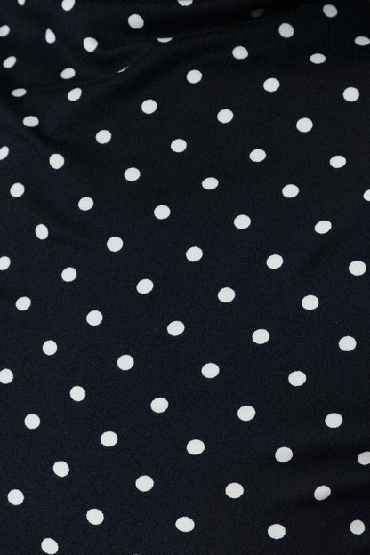 Kennedy High Neck Extended Shoulder Side Ruched Polka Dot Top: Navy-Ivory Dot