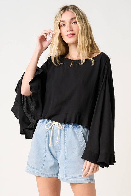 Sundance Flowy Butterfly Sleeve Ruffle Top: Black