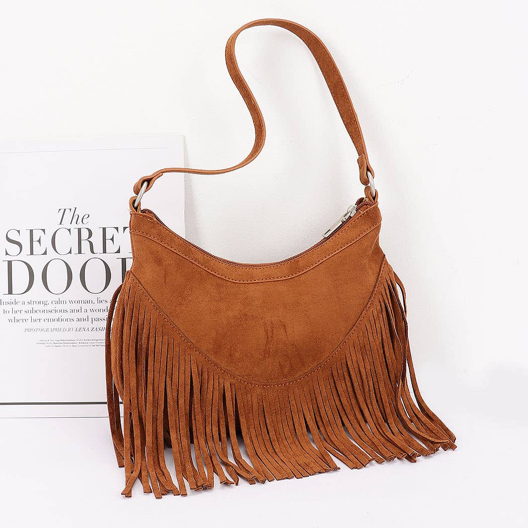 Faux suede Metal Buckle Fringe Bag: BUR