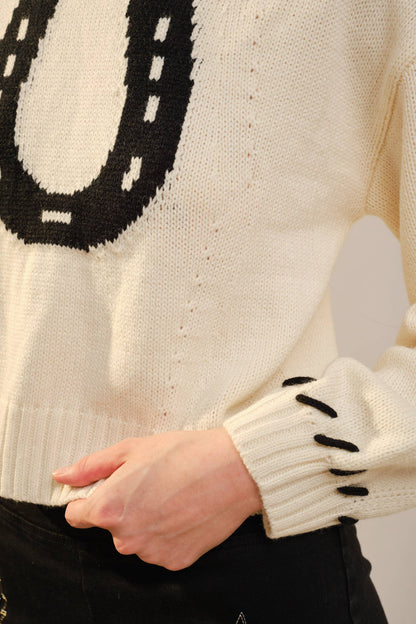 Spur Cropped Horseshoe Knit Sweater: Ivory