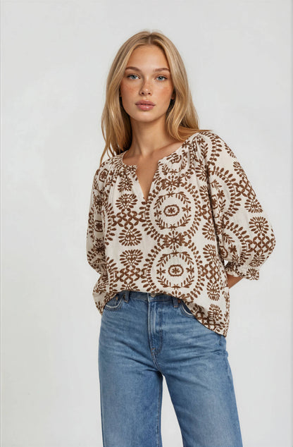 Corinne Printed Blouse: Brown