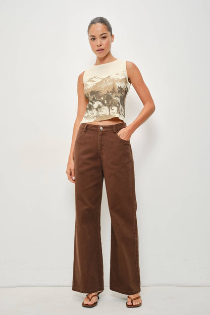 UMA HORSE GRAPHIC KNIT SWEATER TOP: Beige-Brown