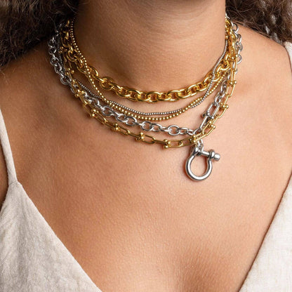 Calvere Non-Tarnish Y Necklace with Horse shoe Carabiner: Silver
