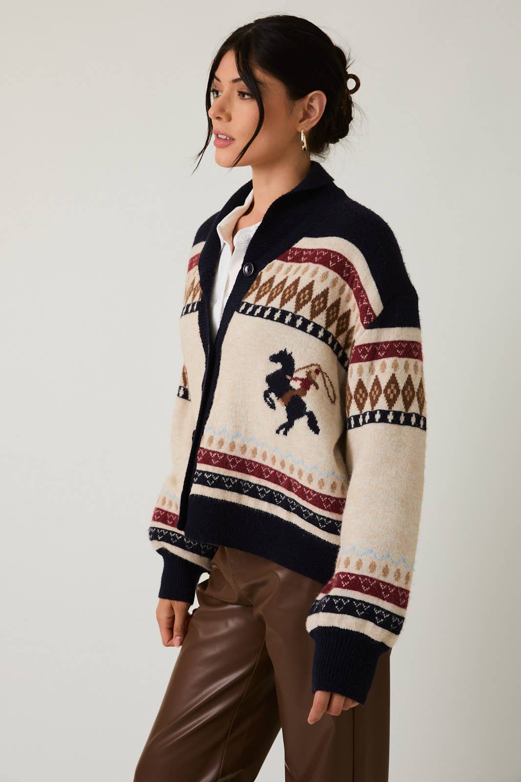 Gallop Horse Motif Button Up Oversized Sweater Cardigan: Cream
