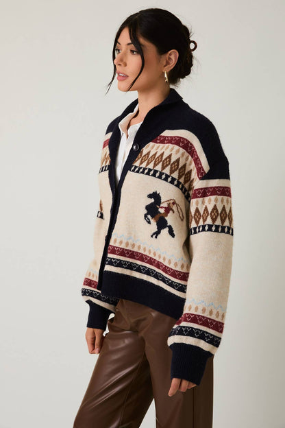Gallop Horse Motif Button Up Oversized Sweater Cardigan: Cream
