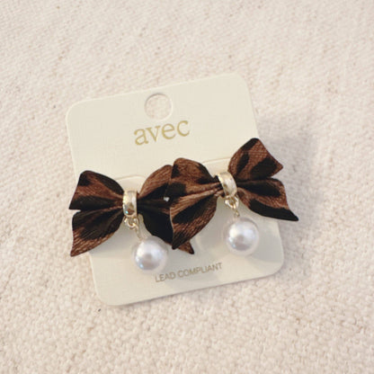 Leopard Luxe Bow and Pearl Drop Earrings