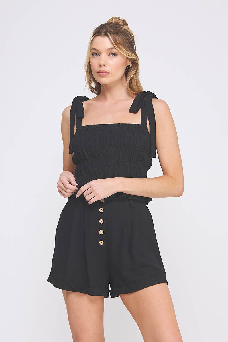 Midnight Muse Soft Linen Smocked Tie Straps Tank: Black