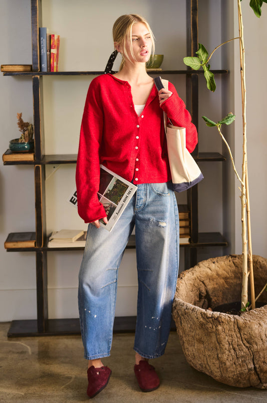 Essential Button Down Cardigan Top: Candy Apple Red