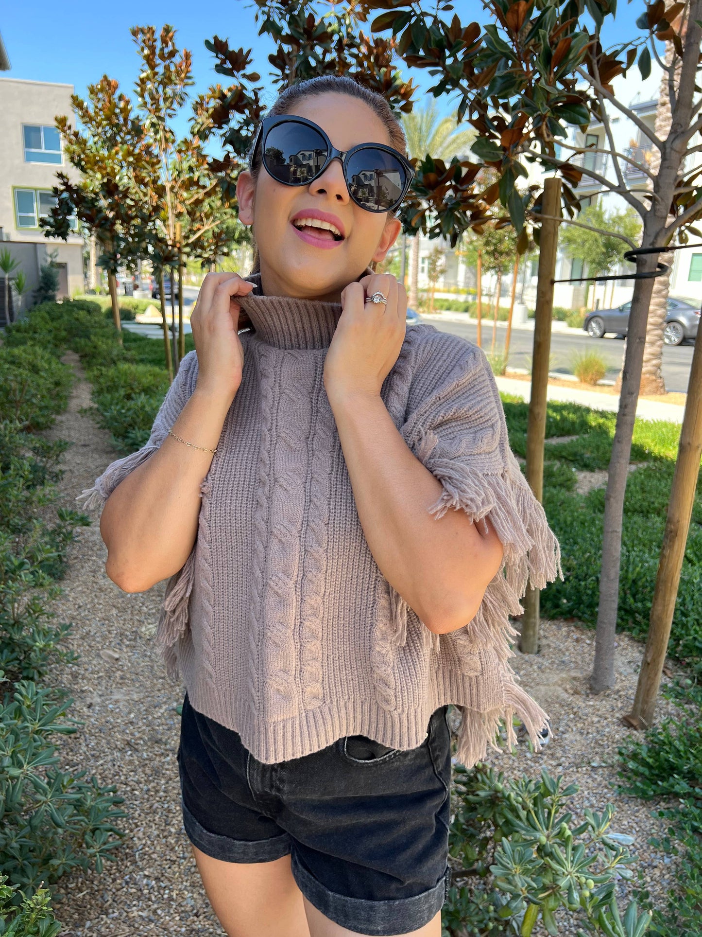 Cider | Turtleneck Poncho with Tassel Trim