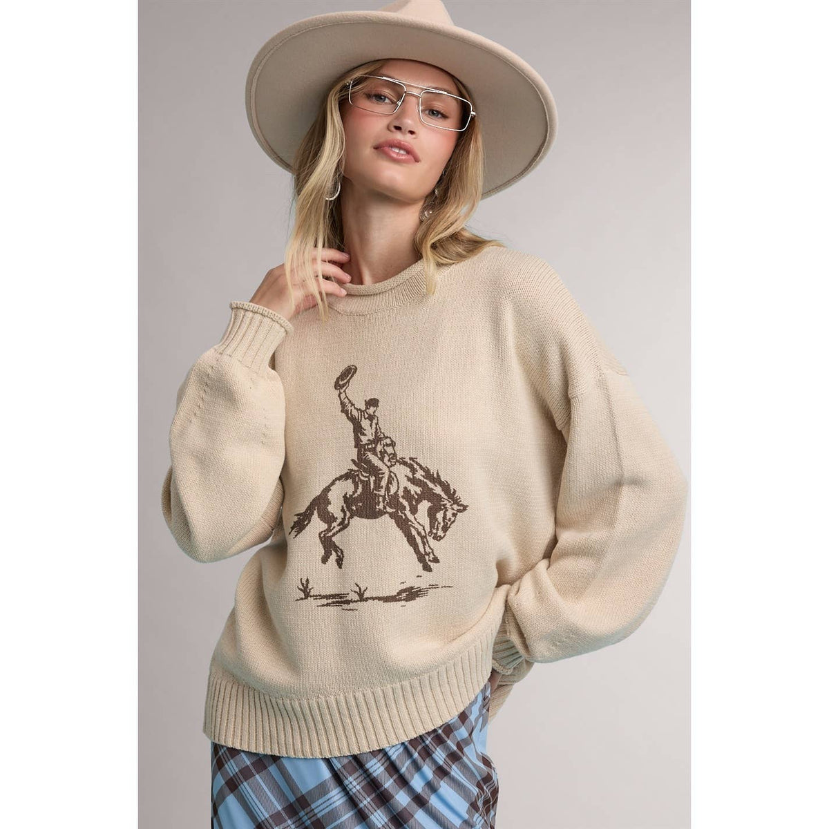 RODEO COWBOY WESTERN GRAPHIC SWEATER: TAUPE
