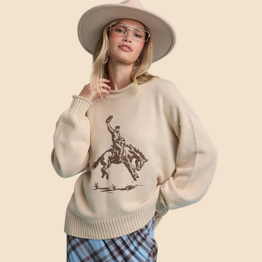Jolene Rodeo Graphic Crewneck Sweater: Taupe
